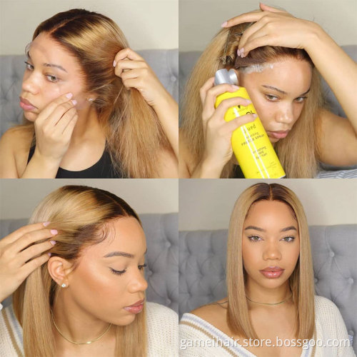 Manufacturer wholesale 100% RAW virgin Brazilian hair.Honey Brown Straight 13*4 Lace front  1b27 Short bob Human Hair Wig